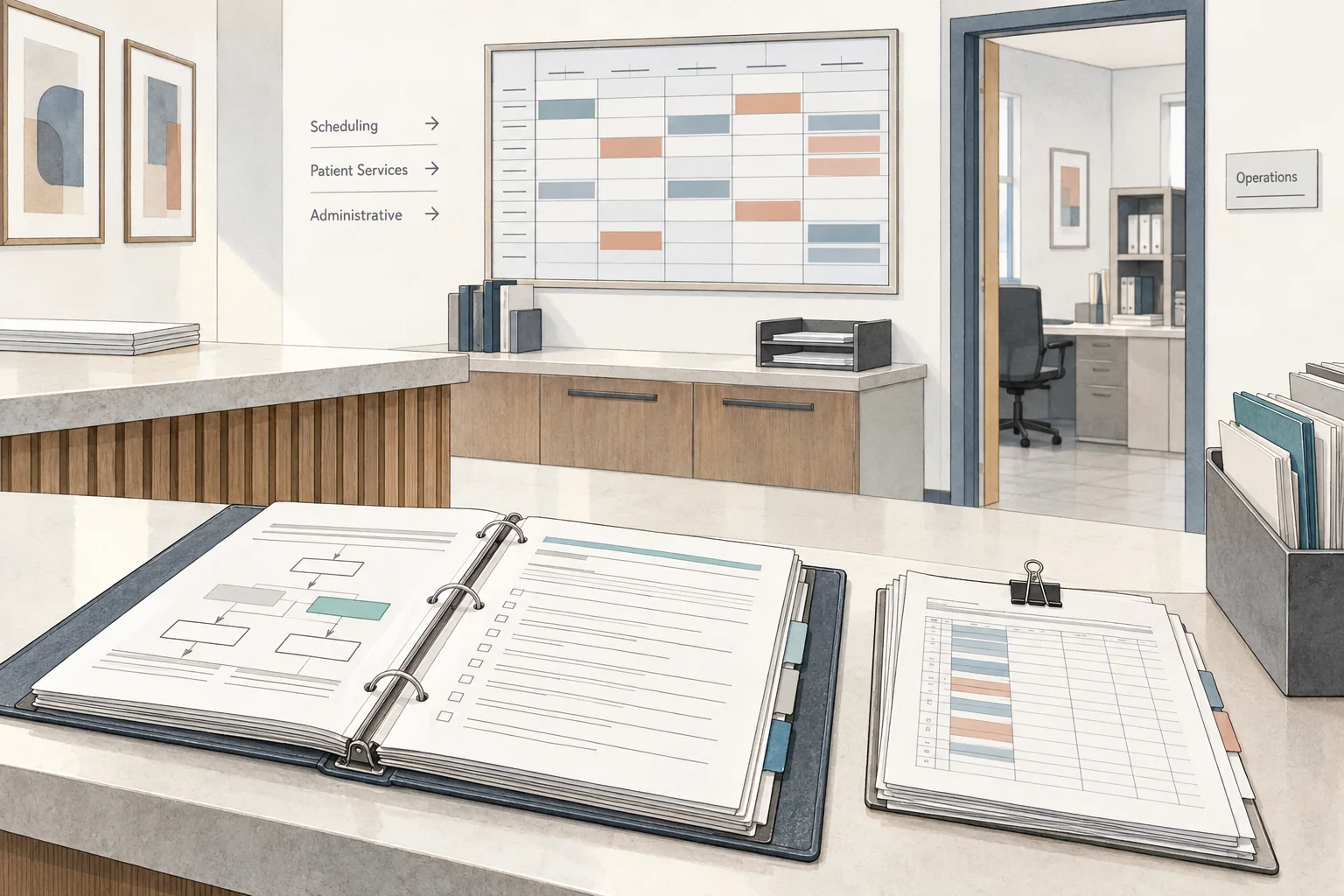 An illustrated healthcare administration counter with a procedure binder, routing sheets and a scheduling board